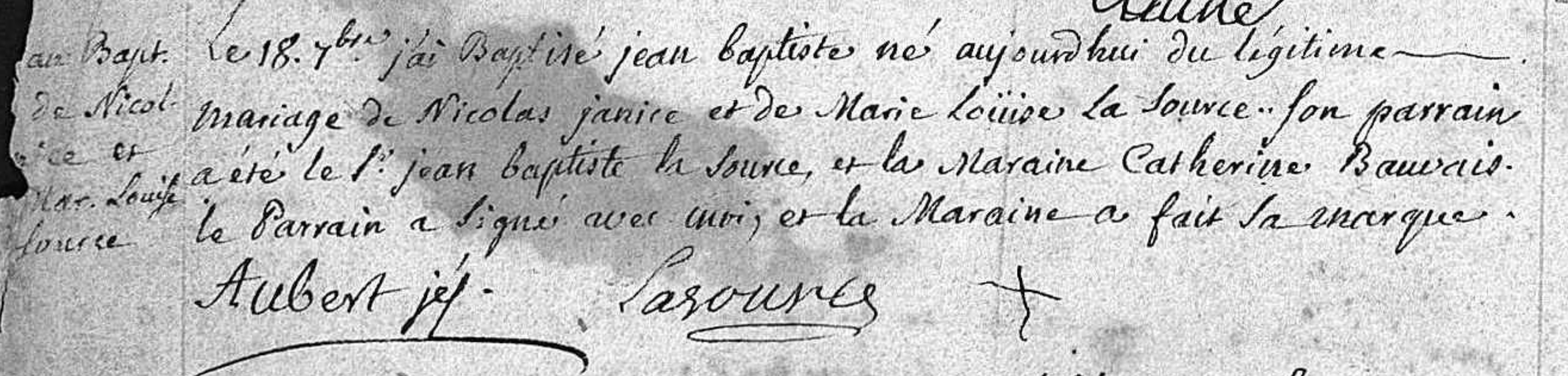 Birth record for Jean Baptiste Janice