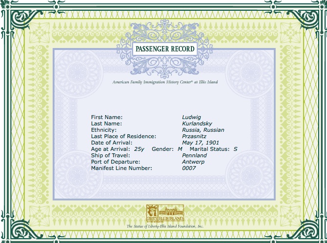 Ellis Island certificate for Ludwig Kurlandsky